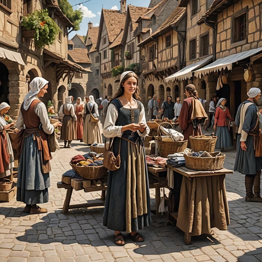 Lively Medieval Village Market Scene in Summer