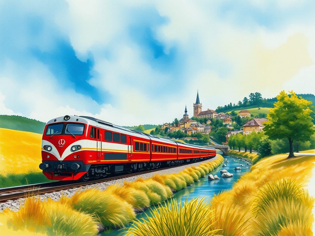 French Countryside Train in Hirsch-Inspired Watercolor