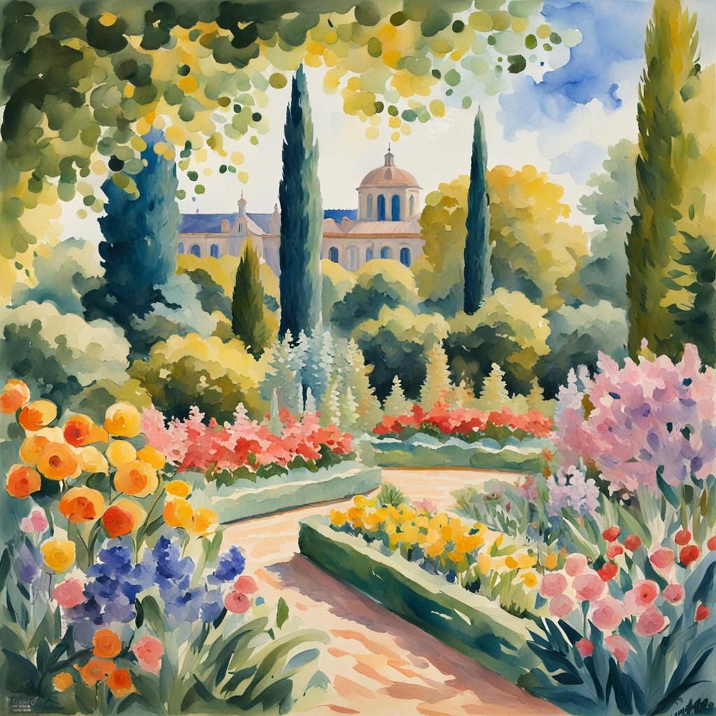 French Garden: Gouache Impressionist Painting