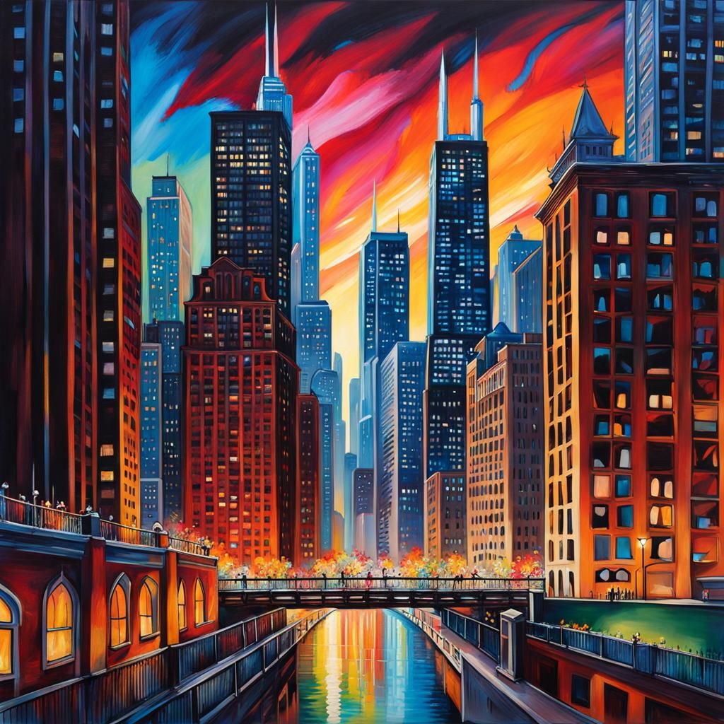 Chicago Cityscape at Night: Graffiti Art Style