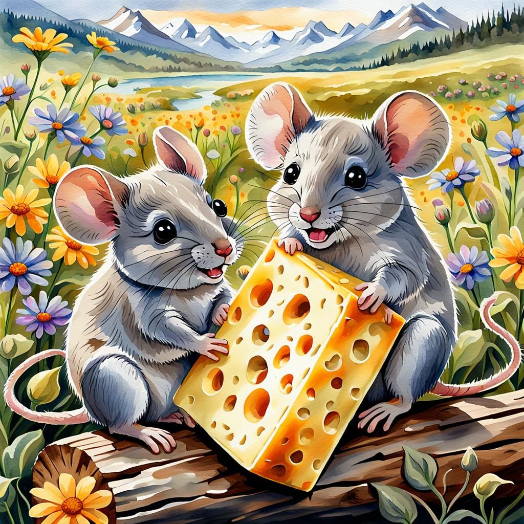 Happy Mice Share Cheese in Watercolor Meadow