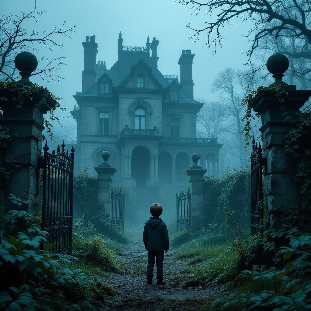 Boy in Overgrown Victorian Estate with Bioluminescent Flora