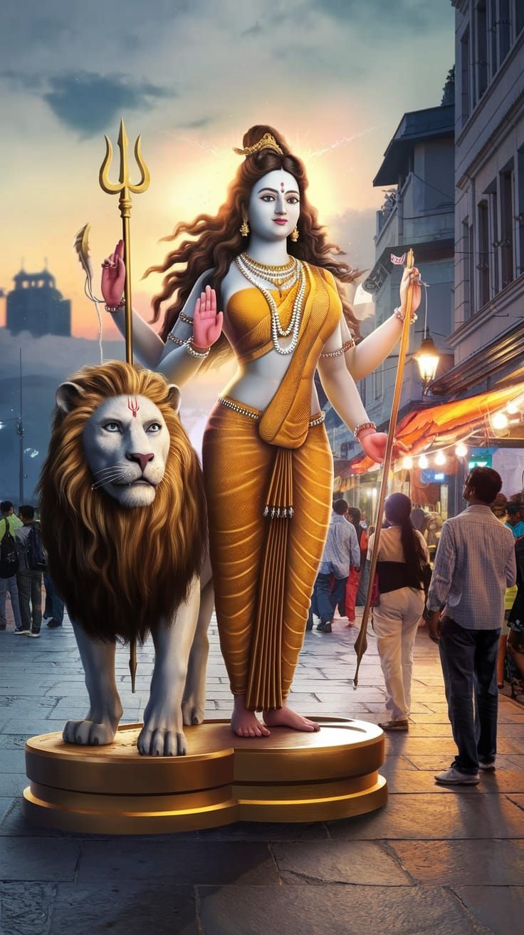Maa Durga Overlooking Bustling Cityscape with Lion
