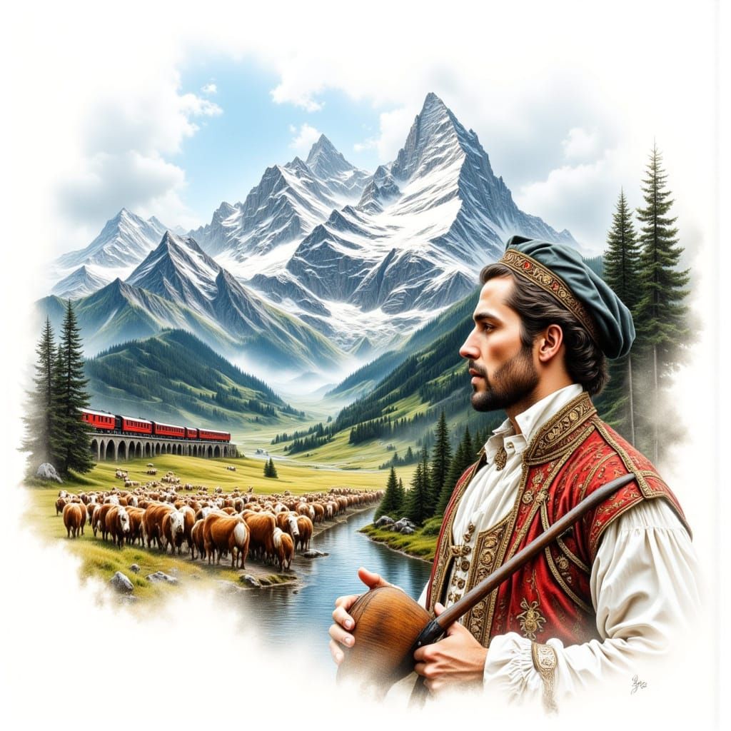 <lora:B-n-W Flux:1.0> <lora:Surreal Exposure:1.0> Watercolor on a white background, double exposure. Miniature: The Alps...