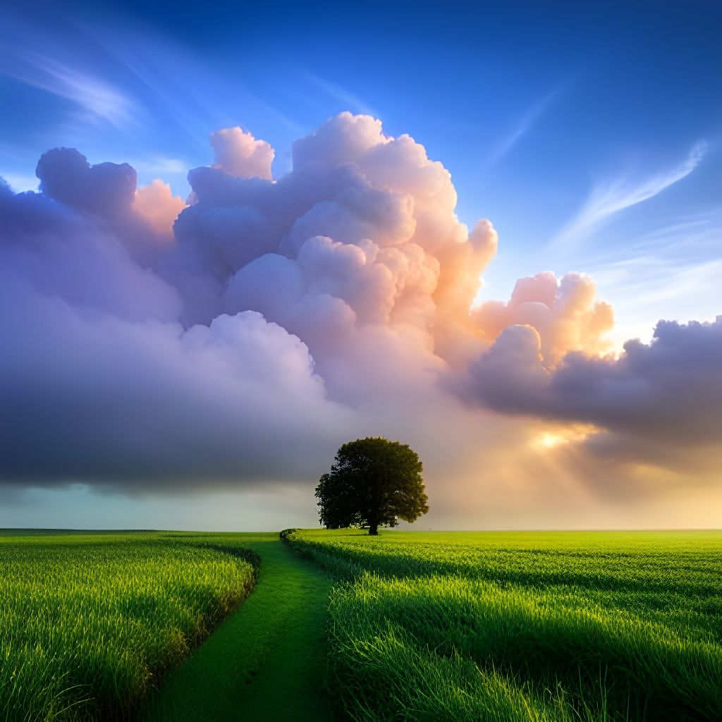 Ethereal Meadow at Sunrise with Puffy Clouds