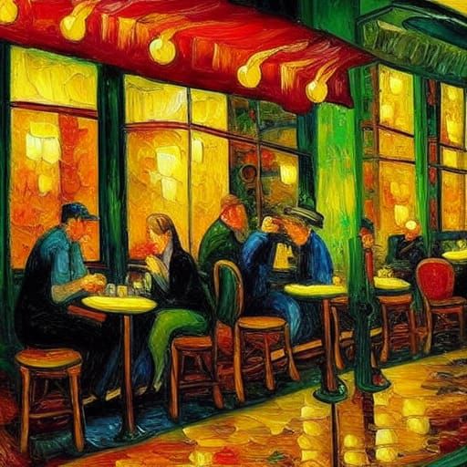 Paris Cafe at Night: Neo-Impressionist Oil Painting