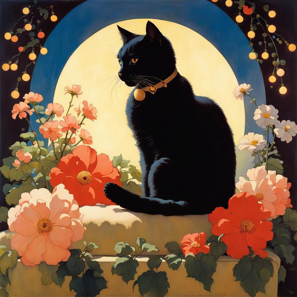 Cat with Flowers in Neo-Classical Style