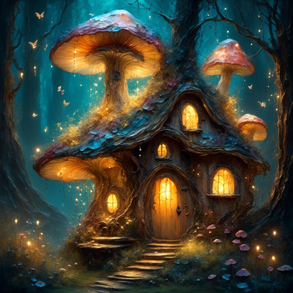 Enchanted Fairy Home in Bioluminescent Forest