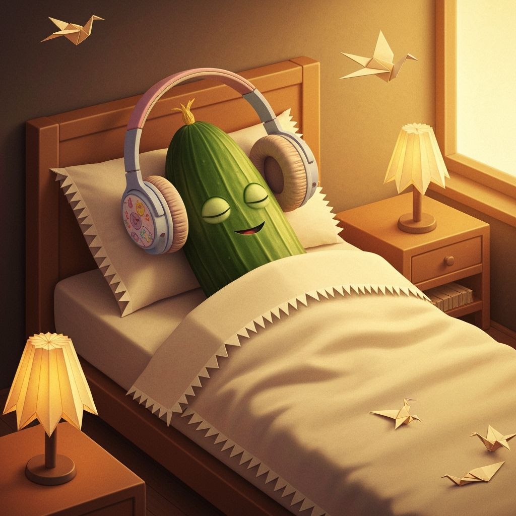 Origami Cucumber Lounging in Bed with Headphones
