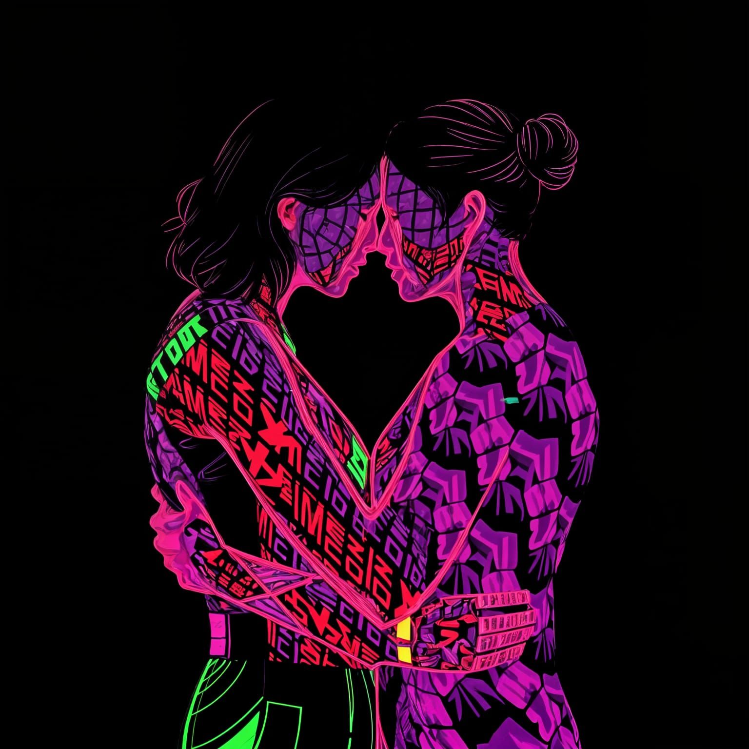 A Striking, Glowing Lesbian Couple Embracing in a Vibrant, D...