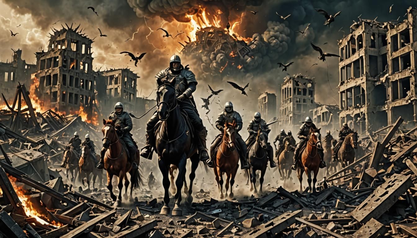 Apocalyptic Horsemen Over Destroyed World