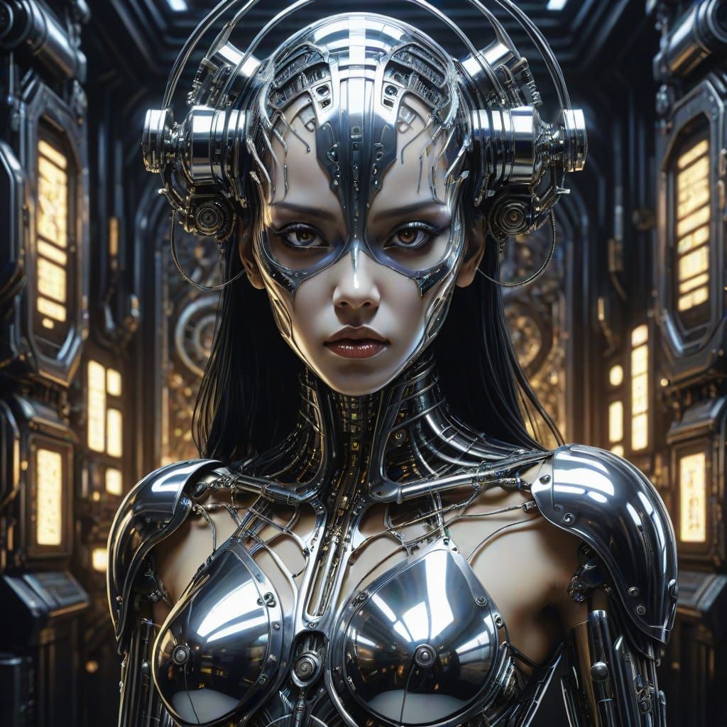 Gothic Cyborg Woman in Hyperrealistic Style