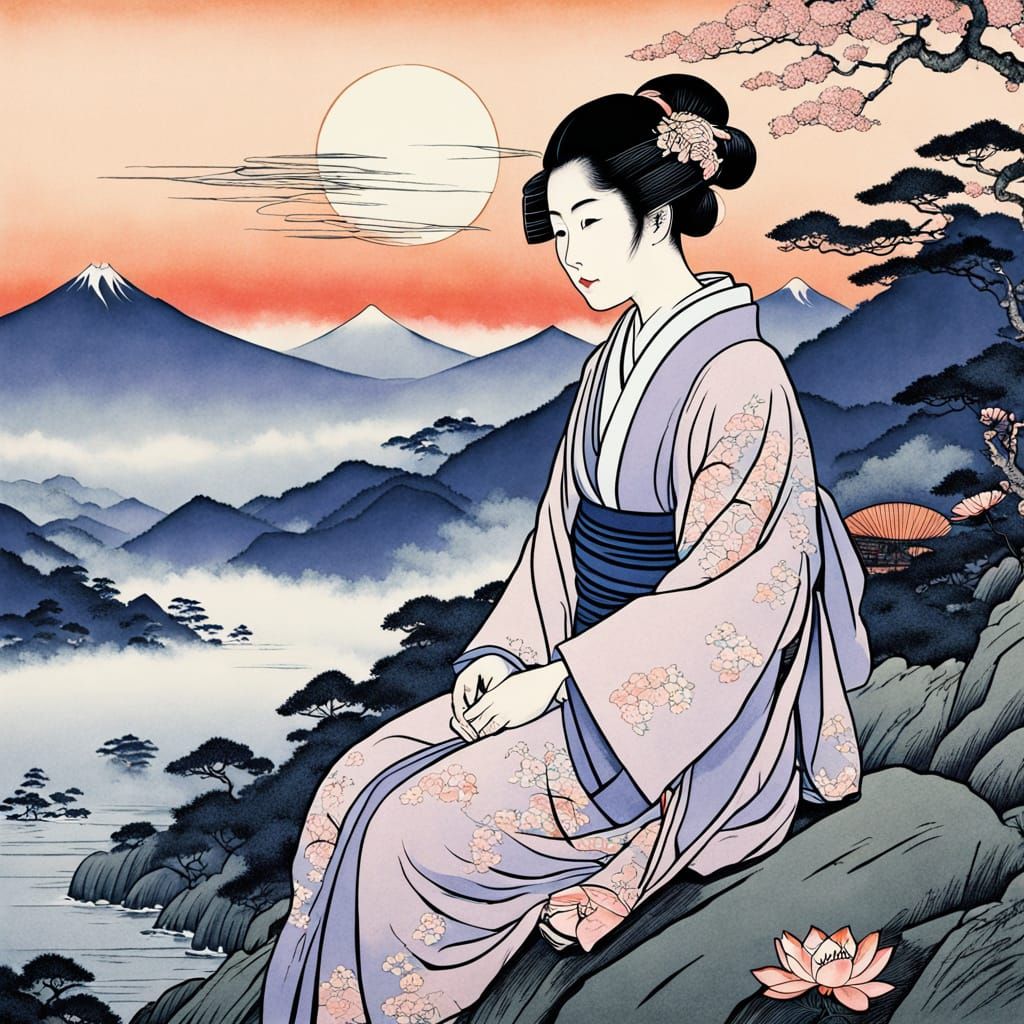 Ukiyo-e Woman on Cliff in Golden Light