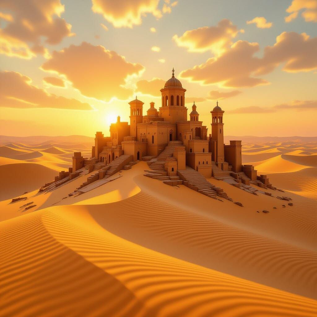Ancient City Rises From Sand in Oil Painting Style