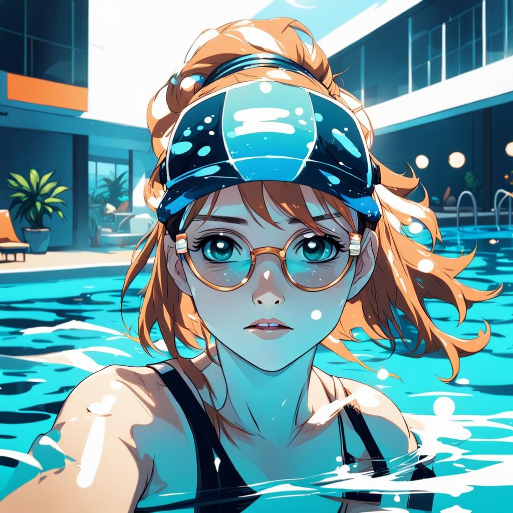 Anime Girl in Pool, Cel-Shaded Style