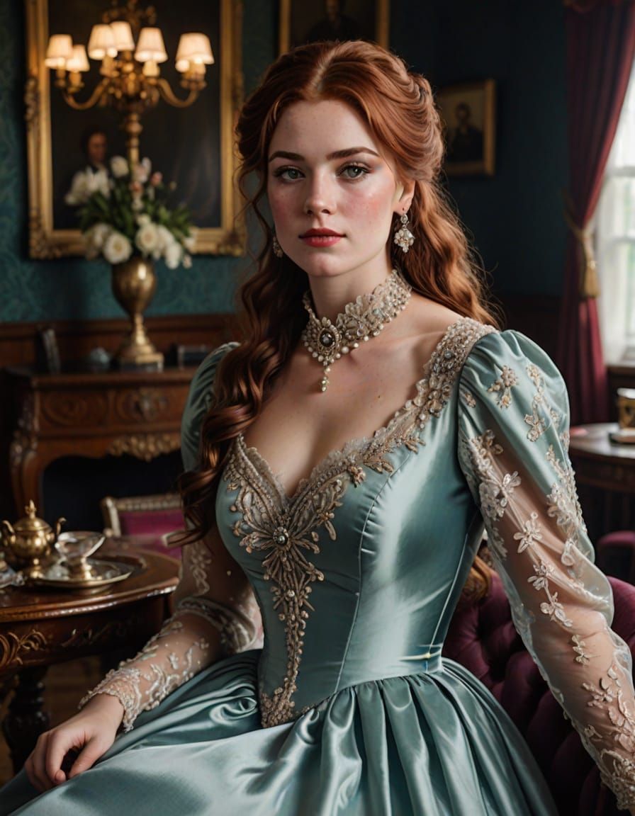 Sensual Victorian Beauty in Elegant Evening Gown