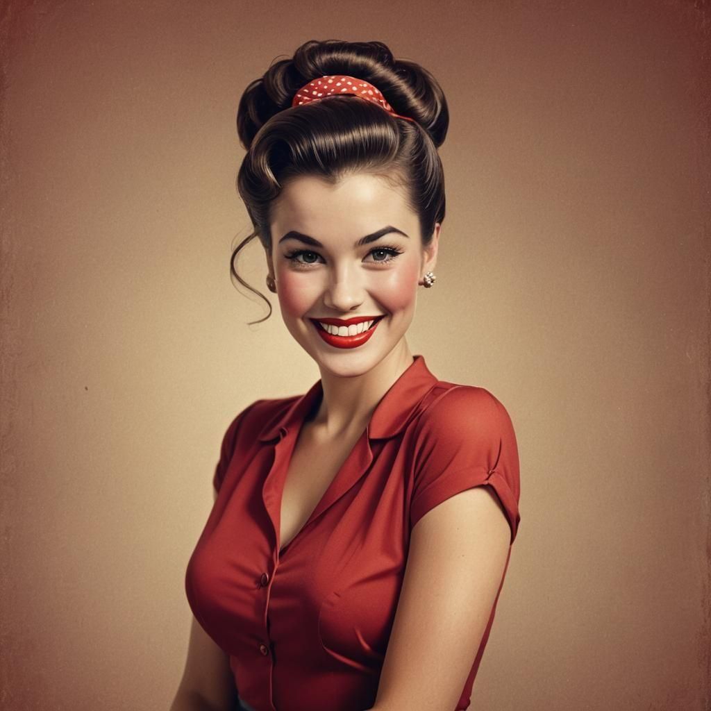 Brunette Pin-Up Girl in Red Blouse Smiling