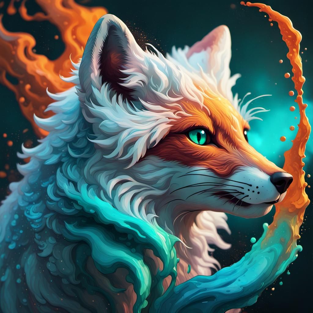 Arctic Fox in Flowing Ink Dust, Fantasy Illustration