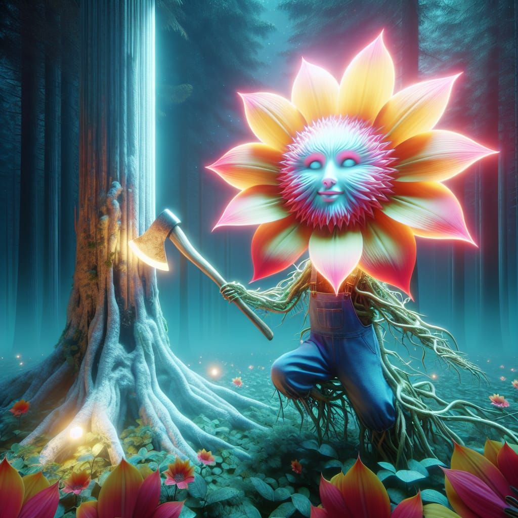 Luminous Flower Cuts Evil Tree in Surreal Forest