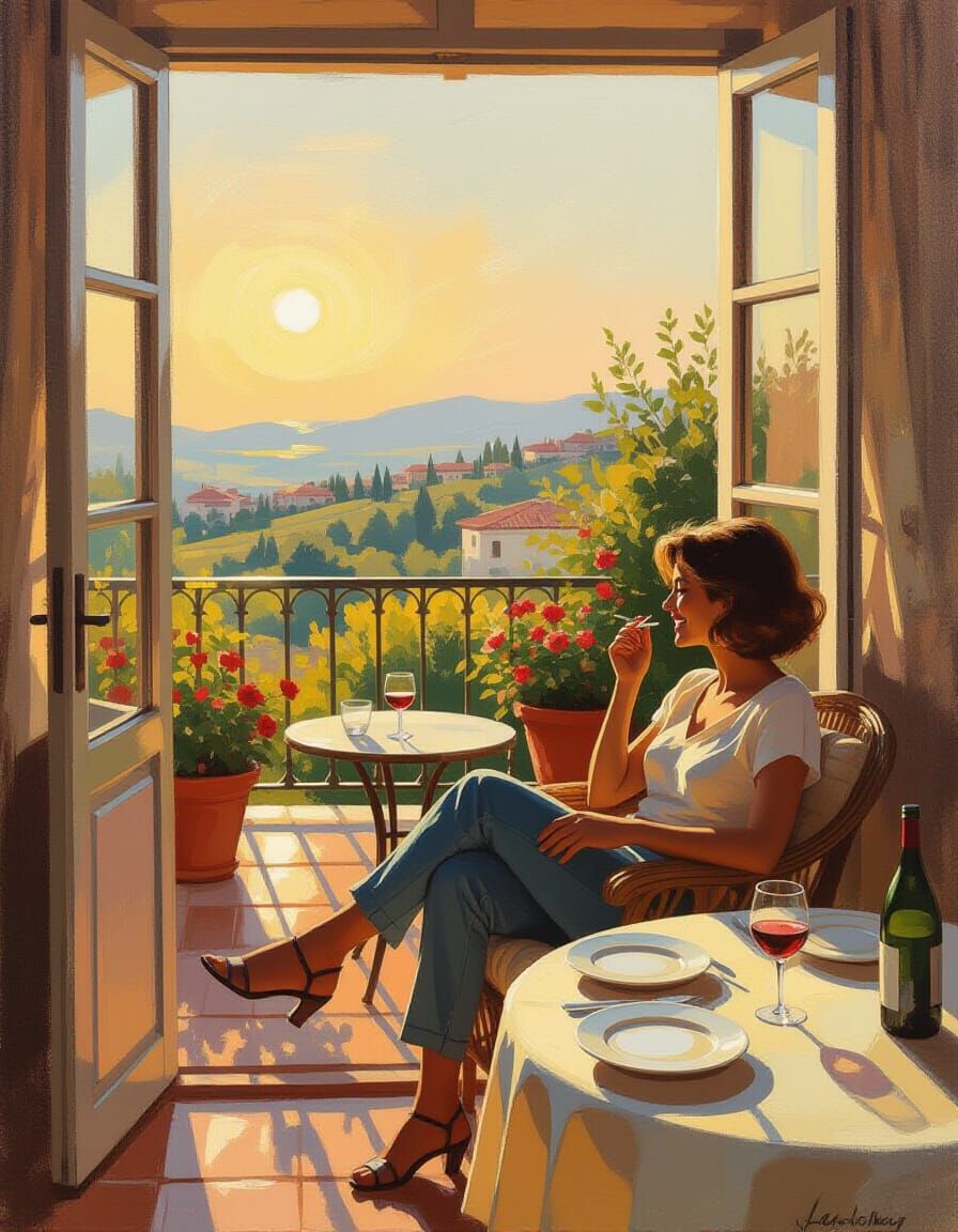 Impressionist Oil Painting of Woman Laughing on Sunlit Terra...