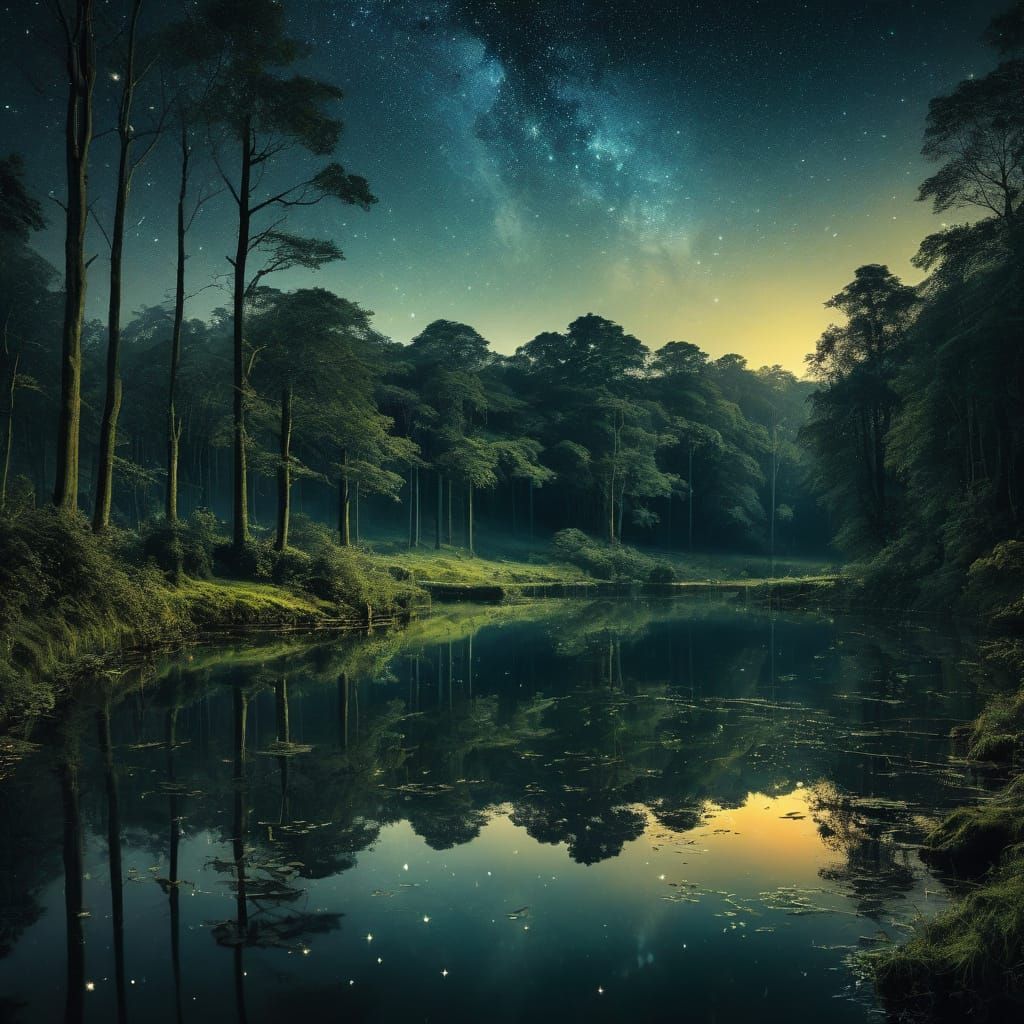 Night Lake Forest Inspired by Impressionism