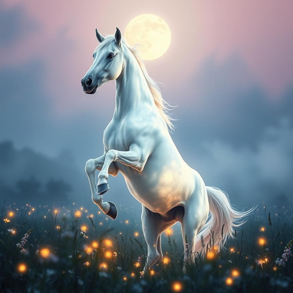 Majestic White Horse in Magical Glowing Clearing