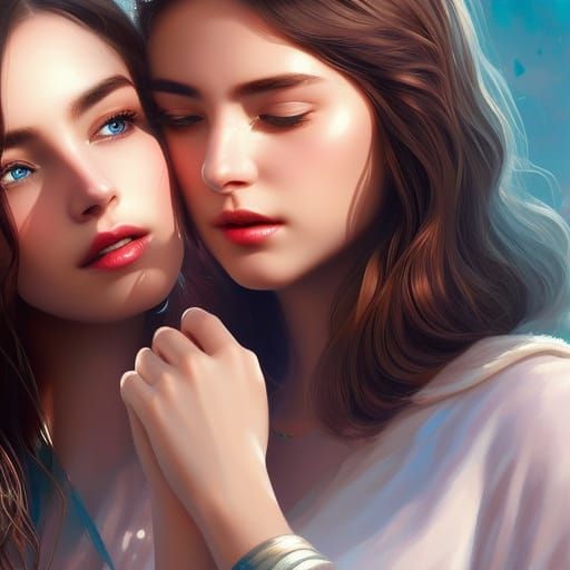 Two Girls Kissing with Engagement Ring, Detailed Portrait