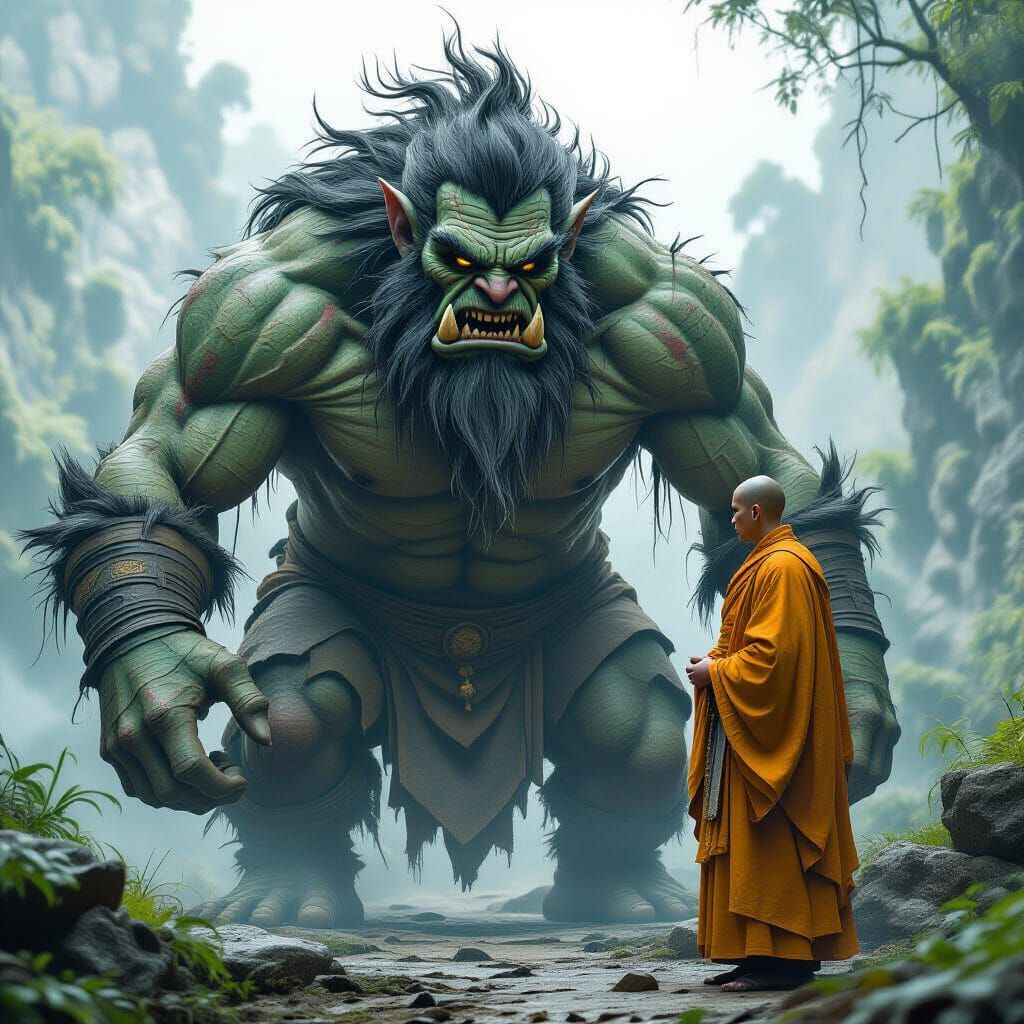 Monk Calms Furious Troll in Photorealistic Style