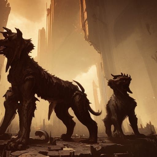 Cerberus in Ruins: Dark Fantasy Concept Art