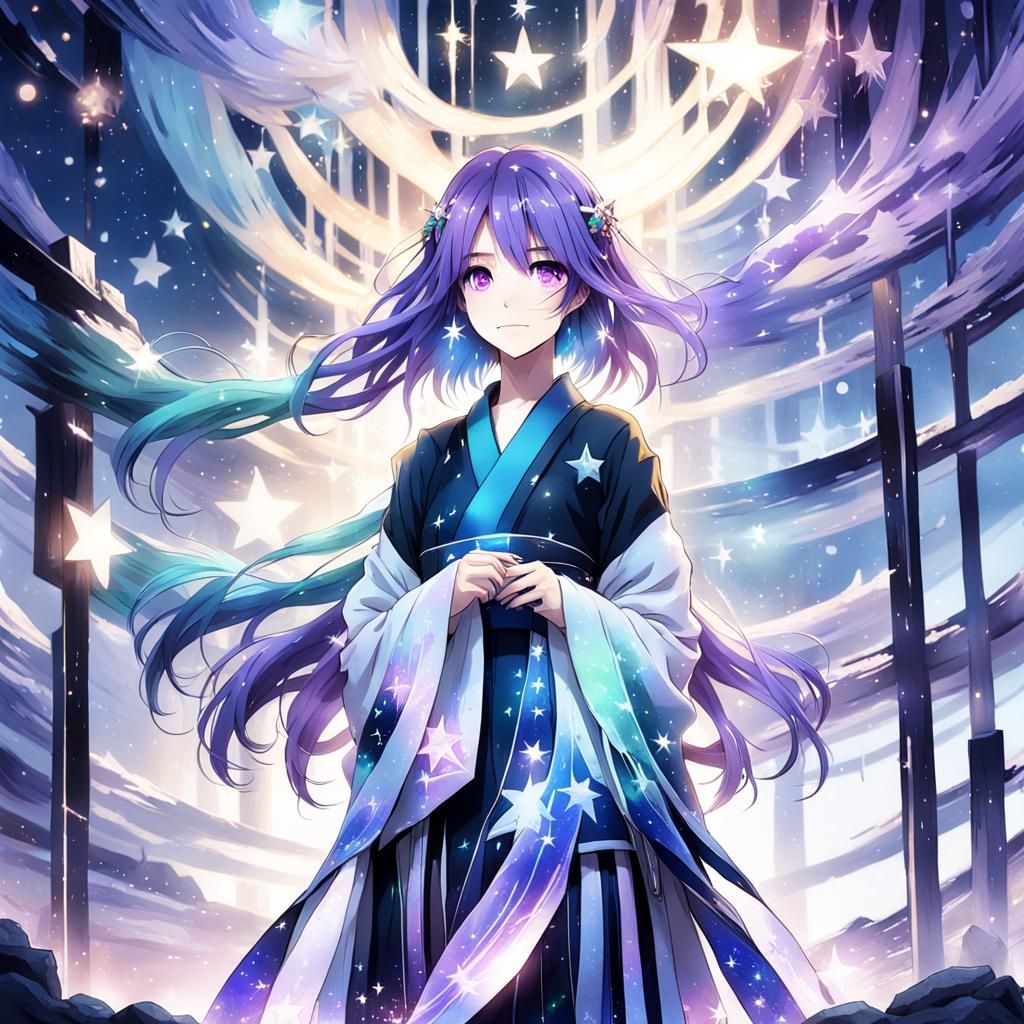 Anime Girl in Starry Kimono, Watercolor Style