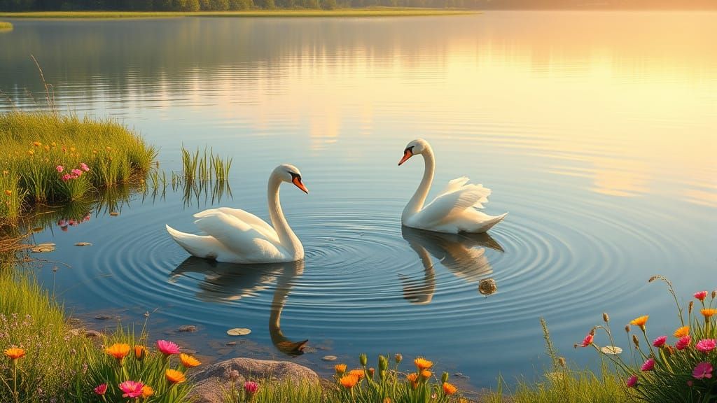 Ethereal Meadow Lake with Majestic Swans in Golden Light