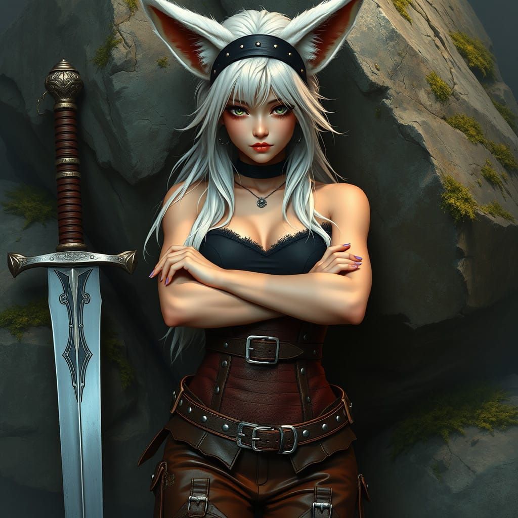 Anime Gothic Warrior with Fennec Fox Ears in Earthy Leather....