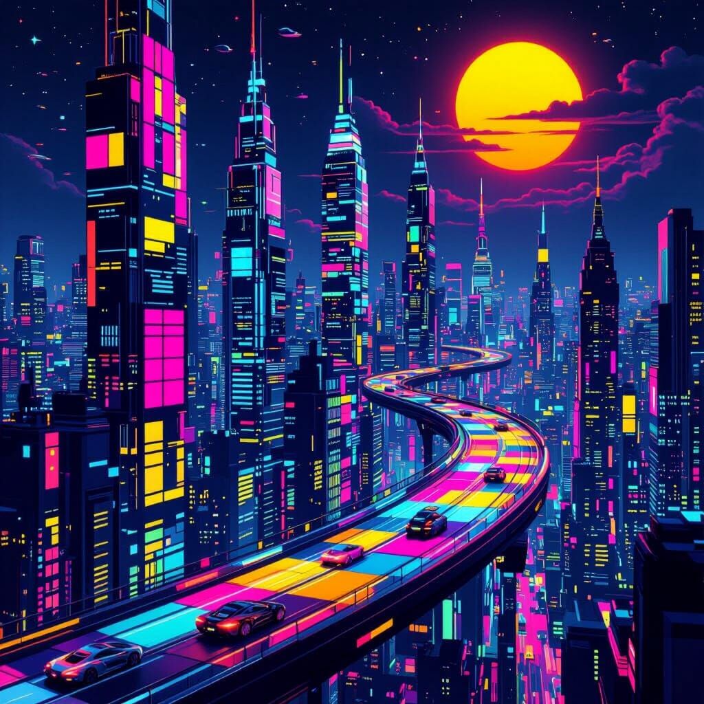 Neon Cyberpunk Cityscape at Night in Graphic Art Style