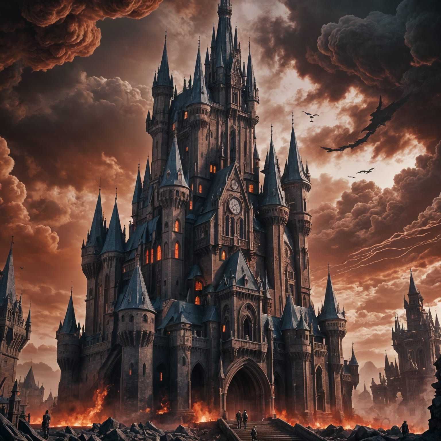 Gothic Castle Glitching from Red Clouds in Cyberpunk Style