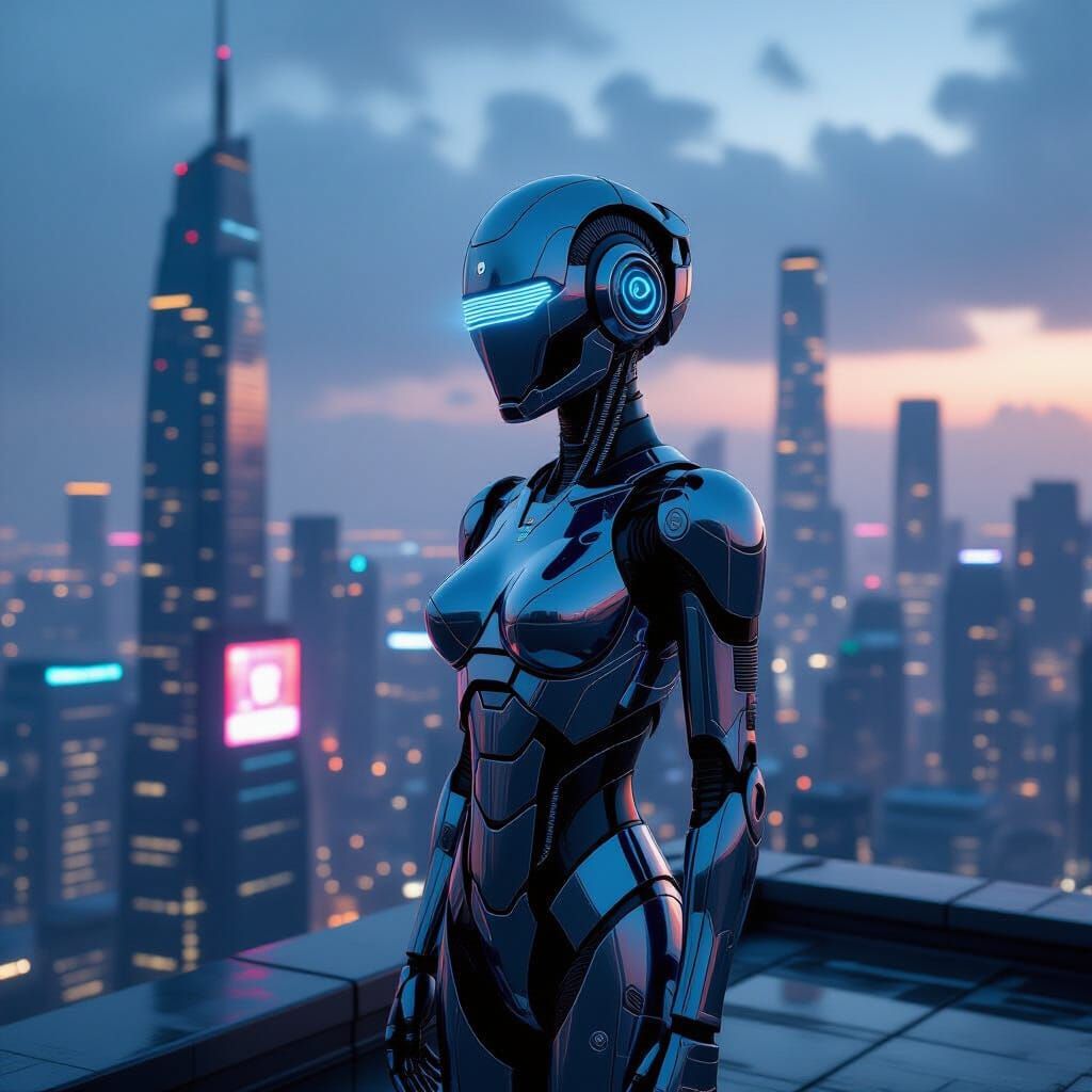 Female Android Overlooking Neon City in Photorealistic Style