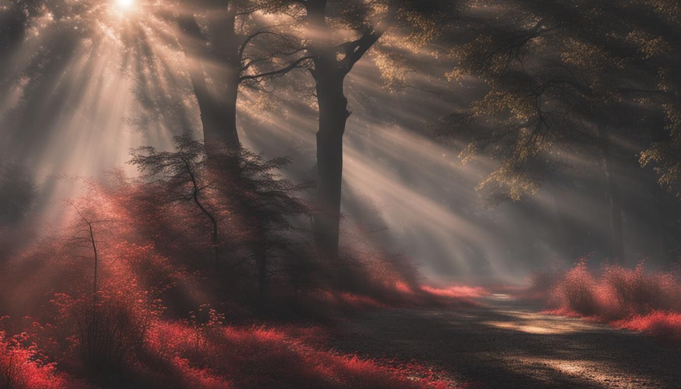 Red Fog and Divine Sunshine Through Clouds