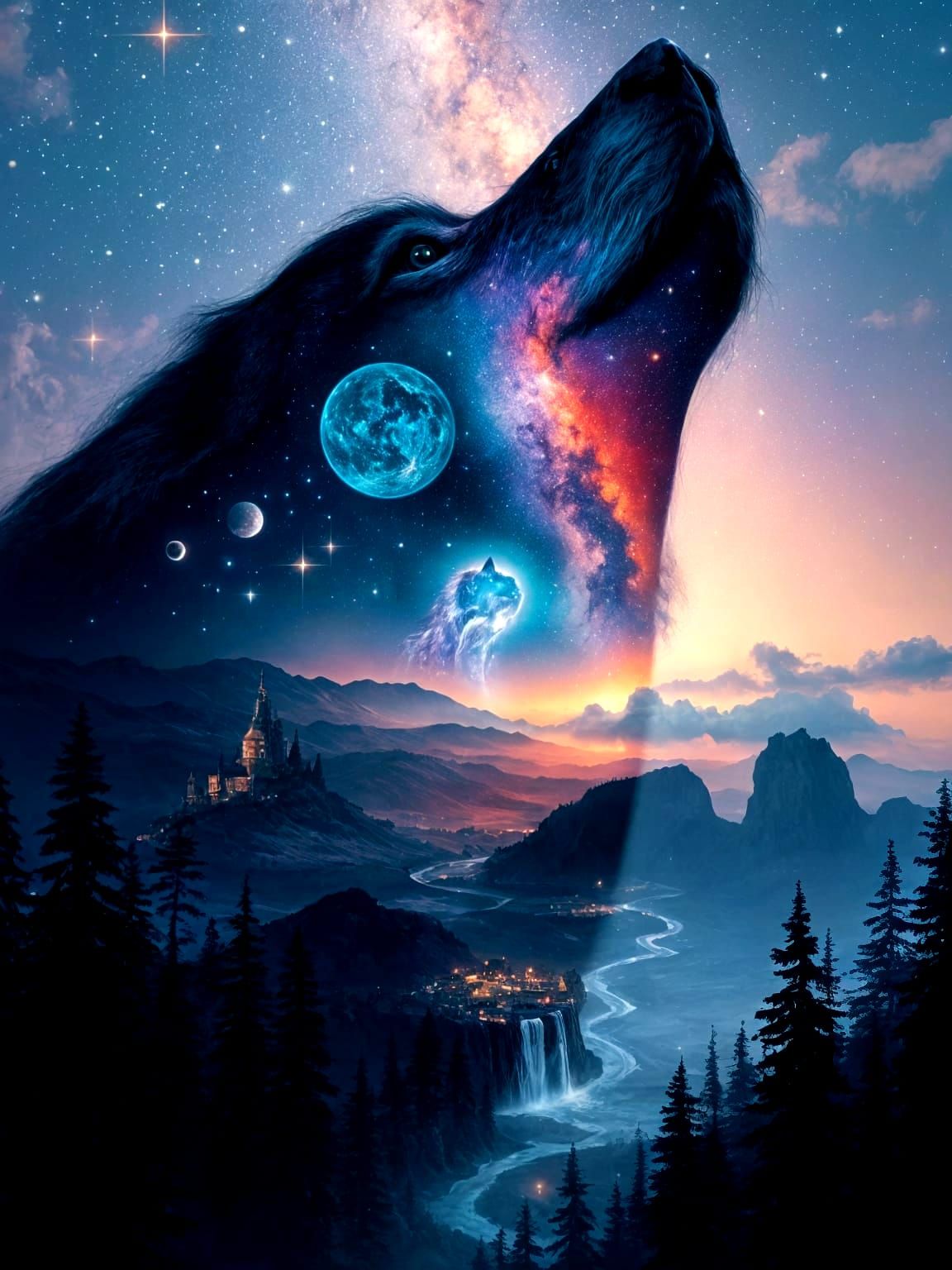 Galactic World in Vibrant Pastel Hues, Silhouetted Wolf in F...