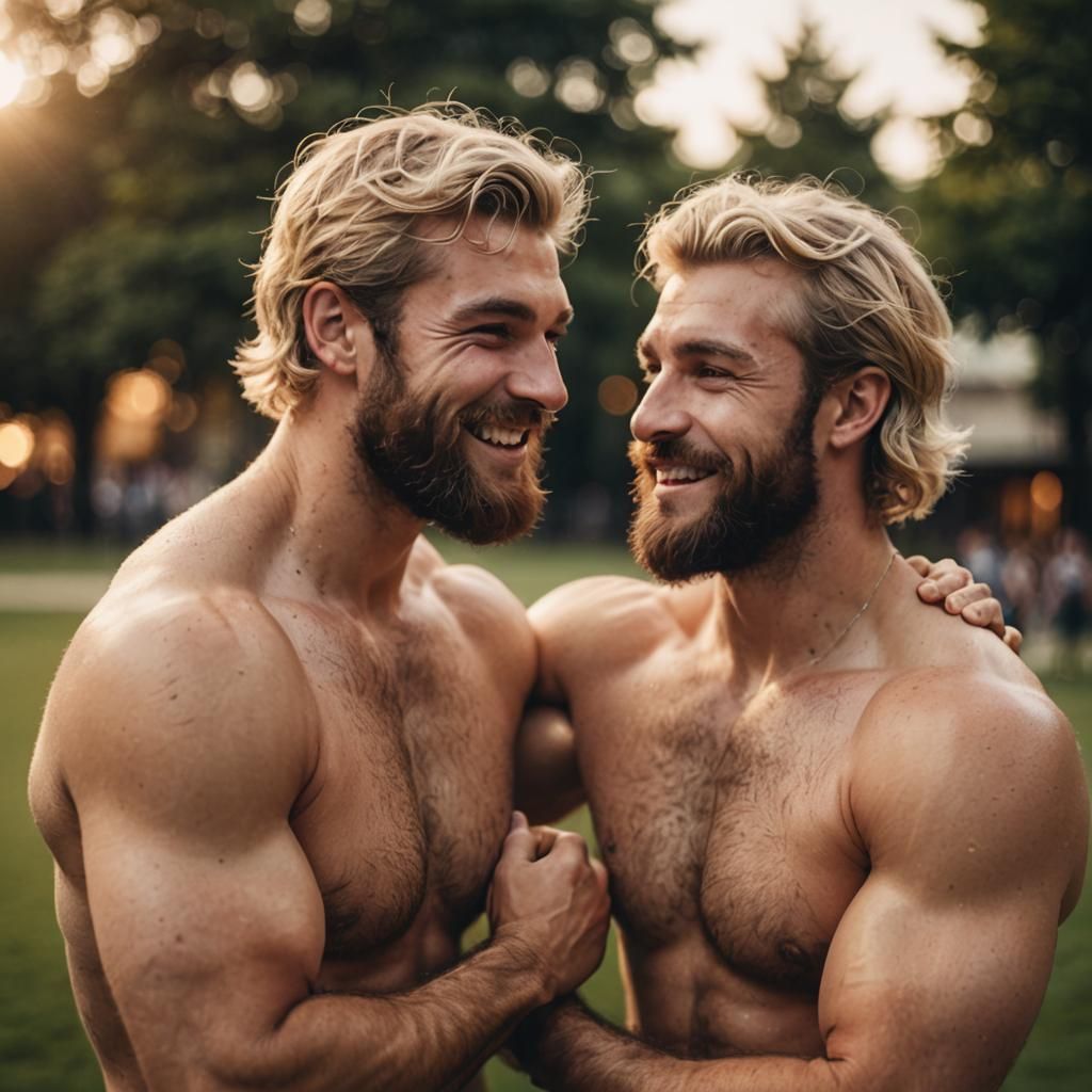 photo of two blond muscular hairy bearded shirtless rugby players with a soft flirty smile holding each other