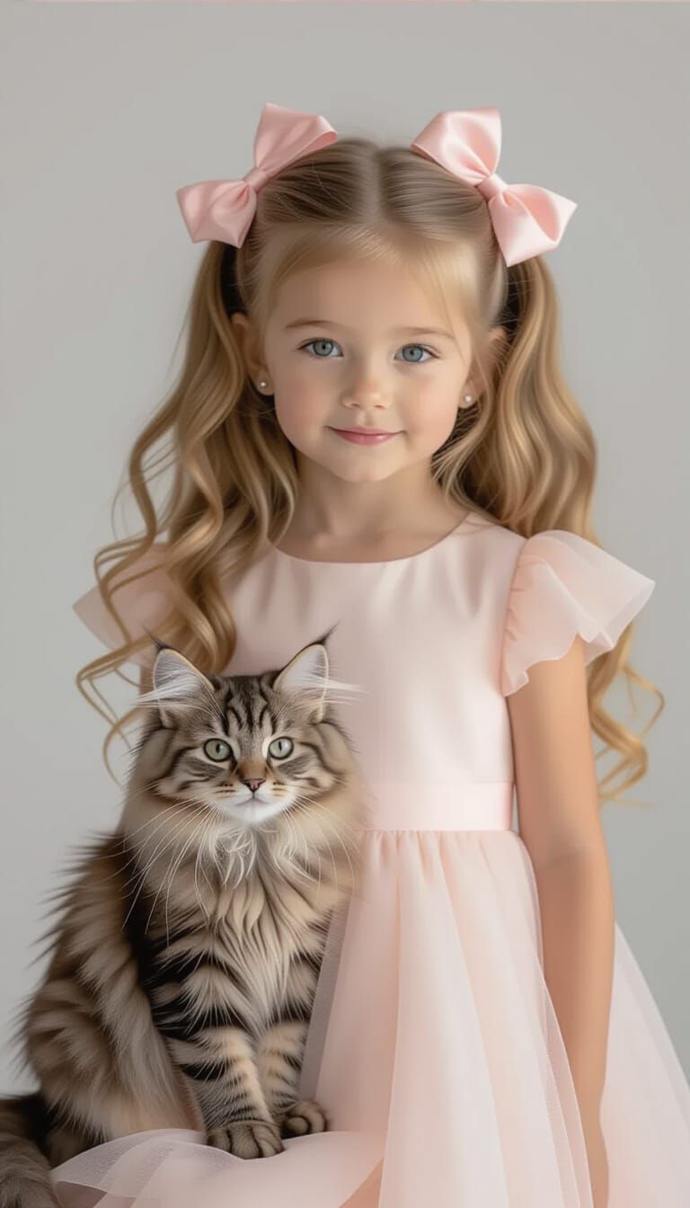 Girl with Kitten on Grey Background