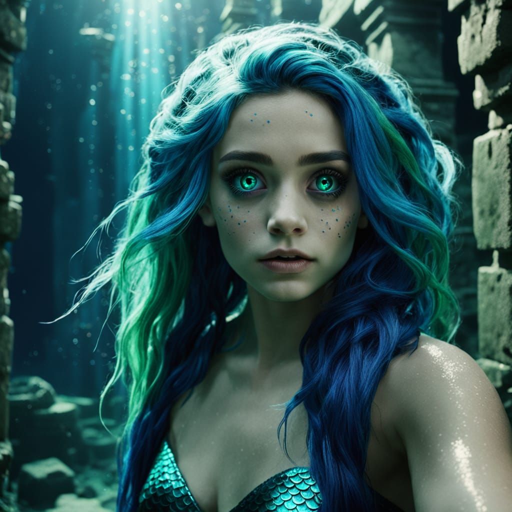 Cinematic Mermaid in Underwater Ruins