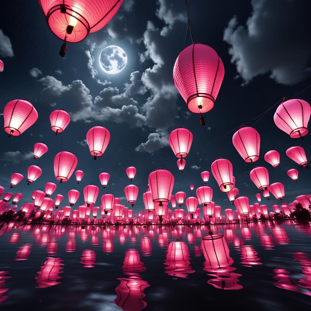 Pink Lanterns Floating in a Glowing Sky