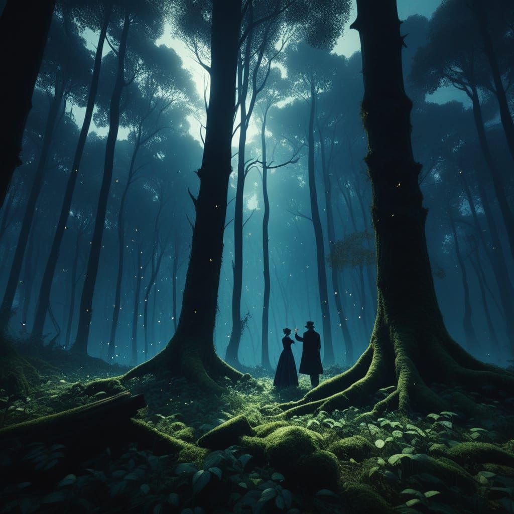 Elegant Victorian Girl Scolds Boy in Mystical Forest