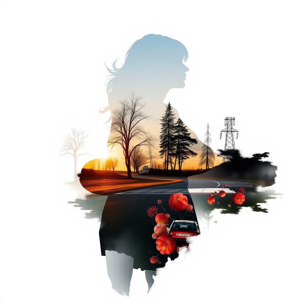 Surreal Double Exposure Composition with Drifting Cars