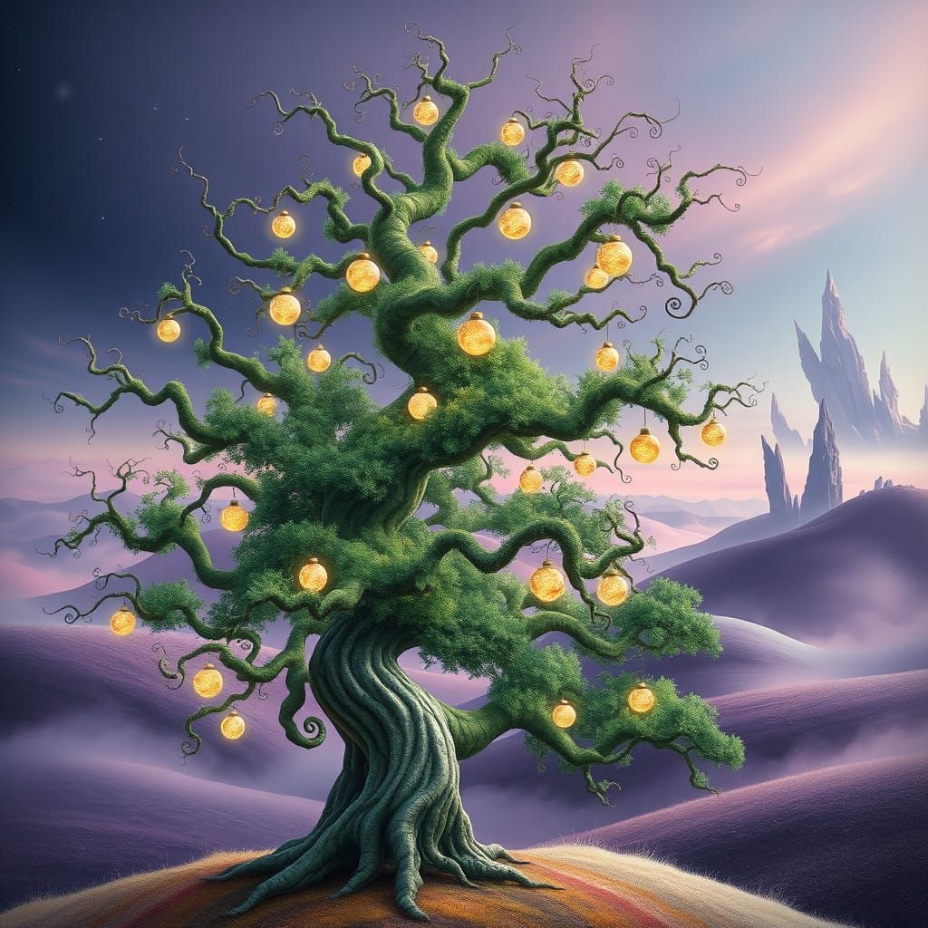 Surrealistic Christmas Tree in a Dreamlike Landscape