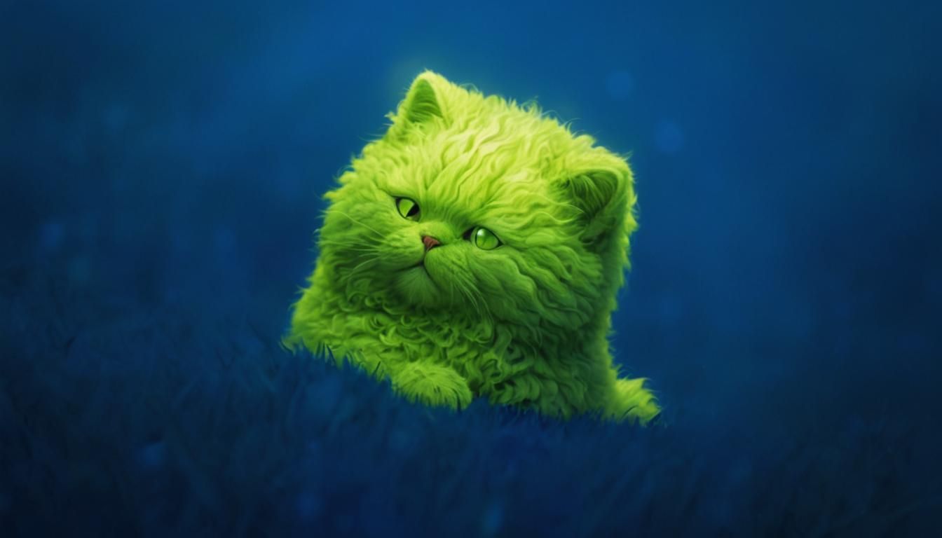 Fluffy Green Cat Lounging in Meadow: Kawaii Digital Art