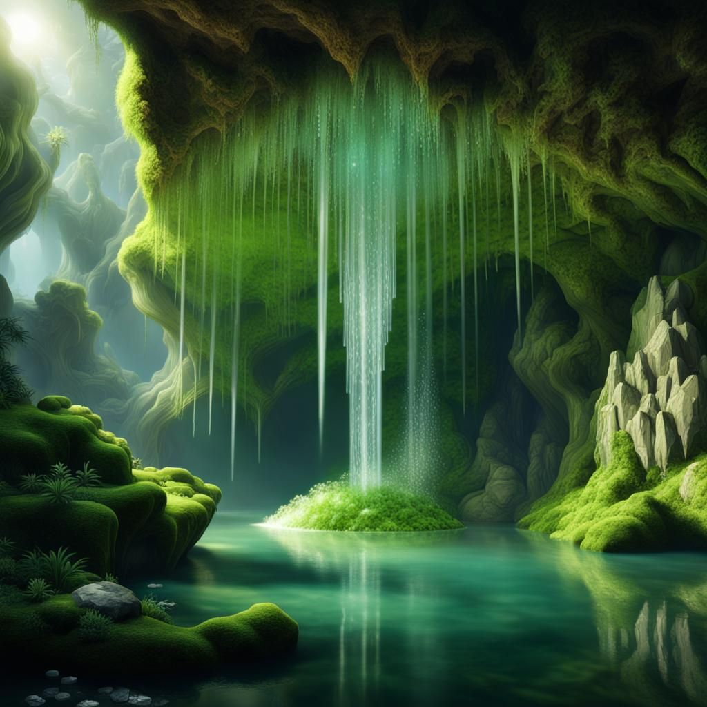 Luminous Crystal Cave with Waterfall: Digital Painting