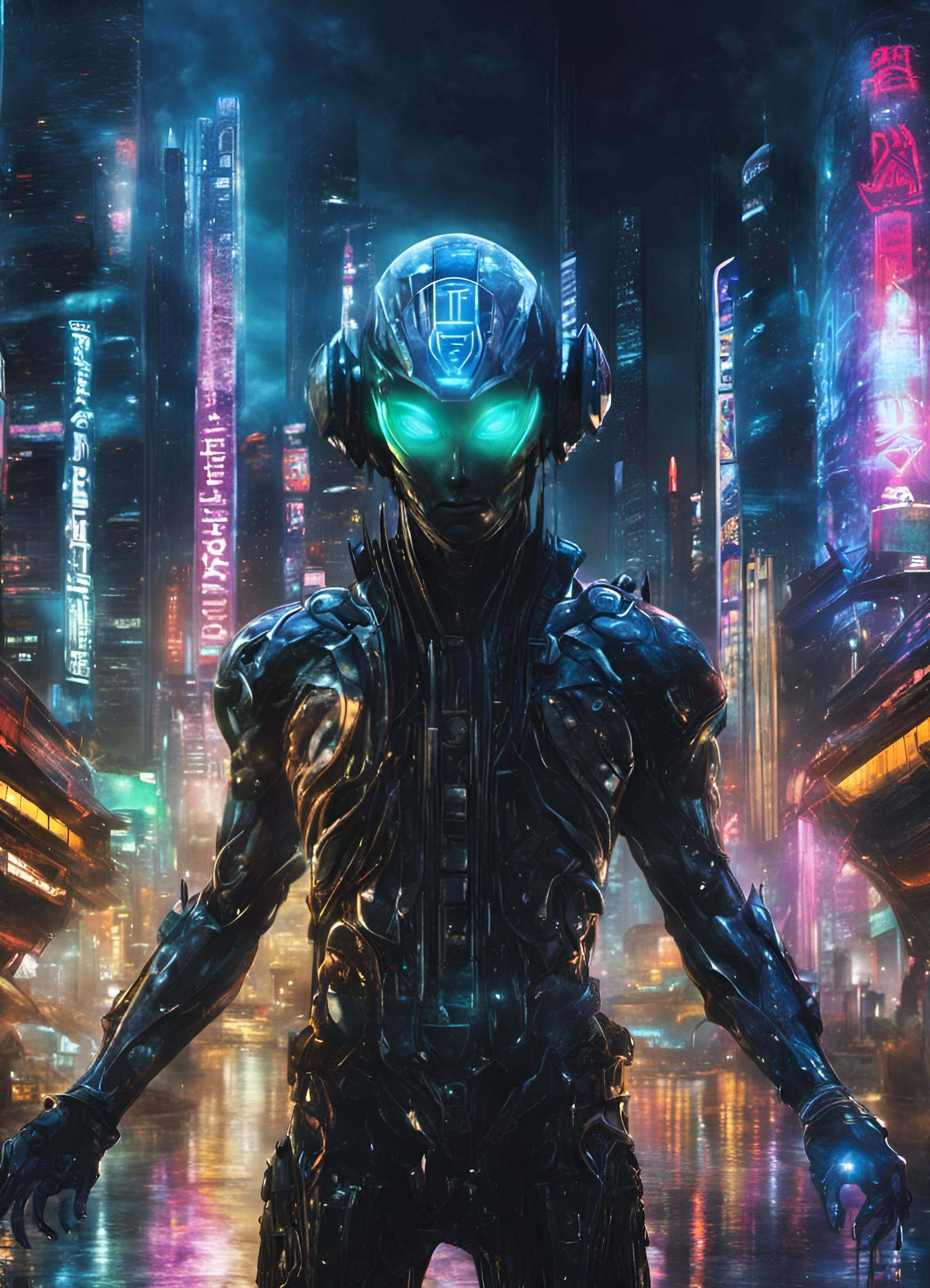 Cyberpunk Alien in Futuristic Cityscape