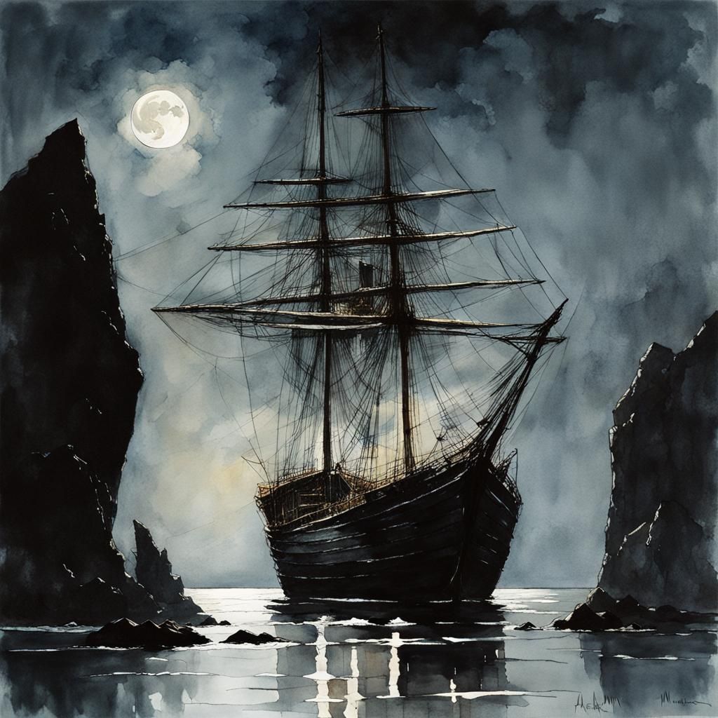Ancient Ship at Port in Haunting Watercolor Painting