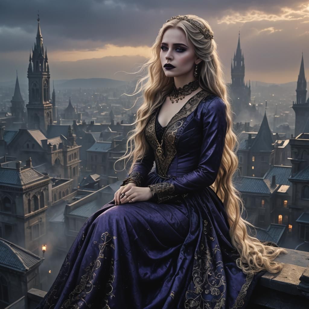 Gothic Fantasy Woman on Rooftop at Dusk