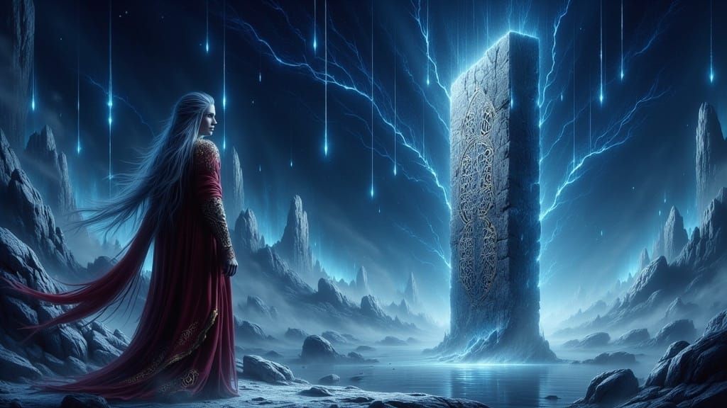 Druid at Winter Solstice Monolith in Surrealist Style